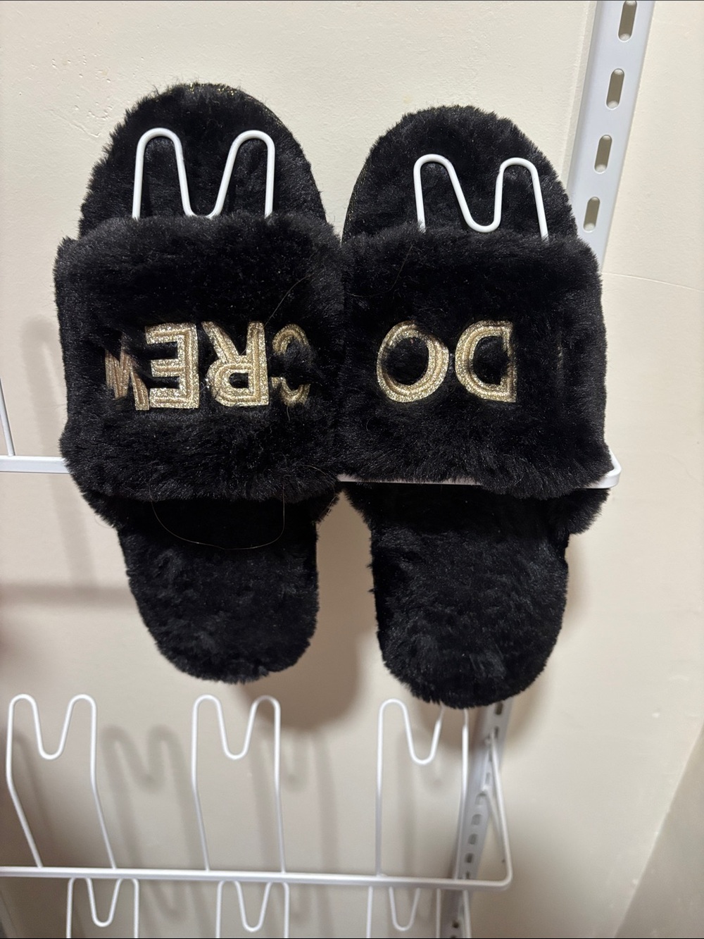 Black Faux Fur Slide Slippers with Gold Embroidery “I DO CREW”
